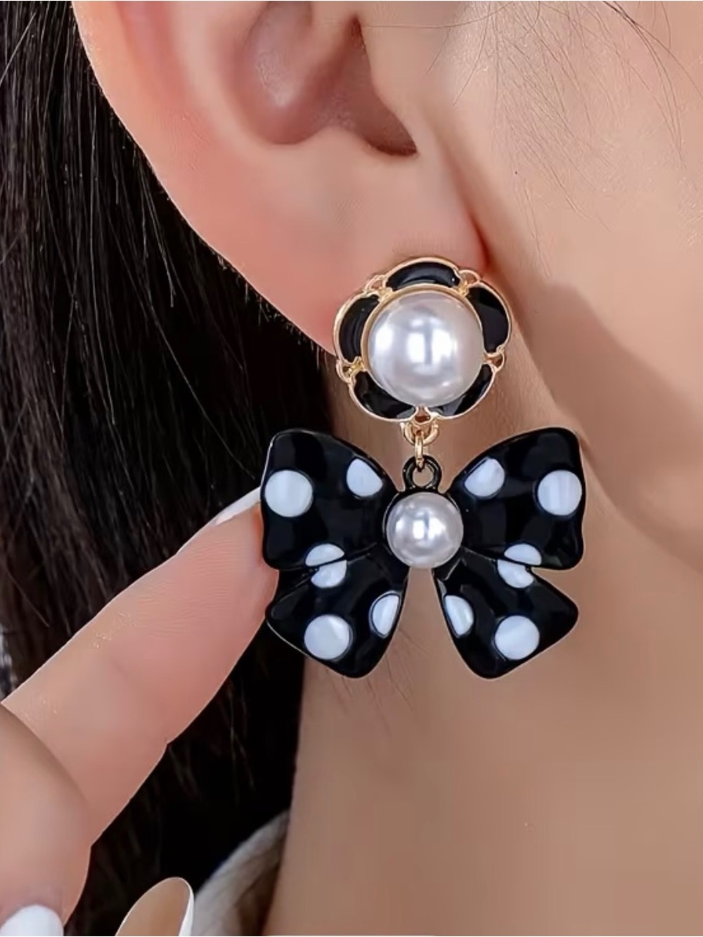 Neiman Marcus Pearl Accent Black Polka Dot Bow Drop Earrings Women Jewelry NWOT